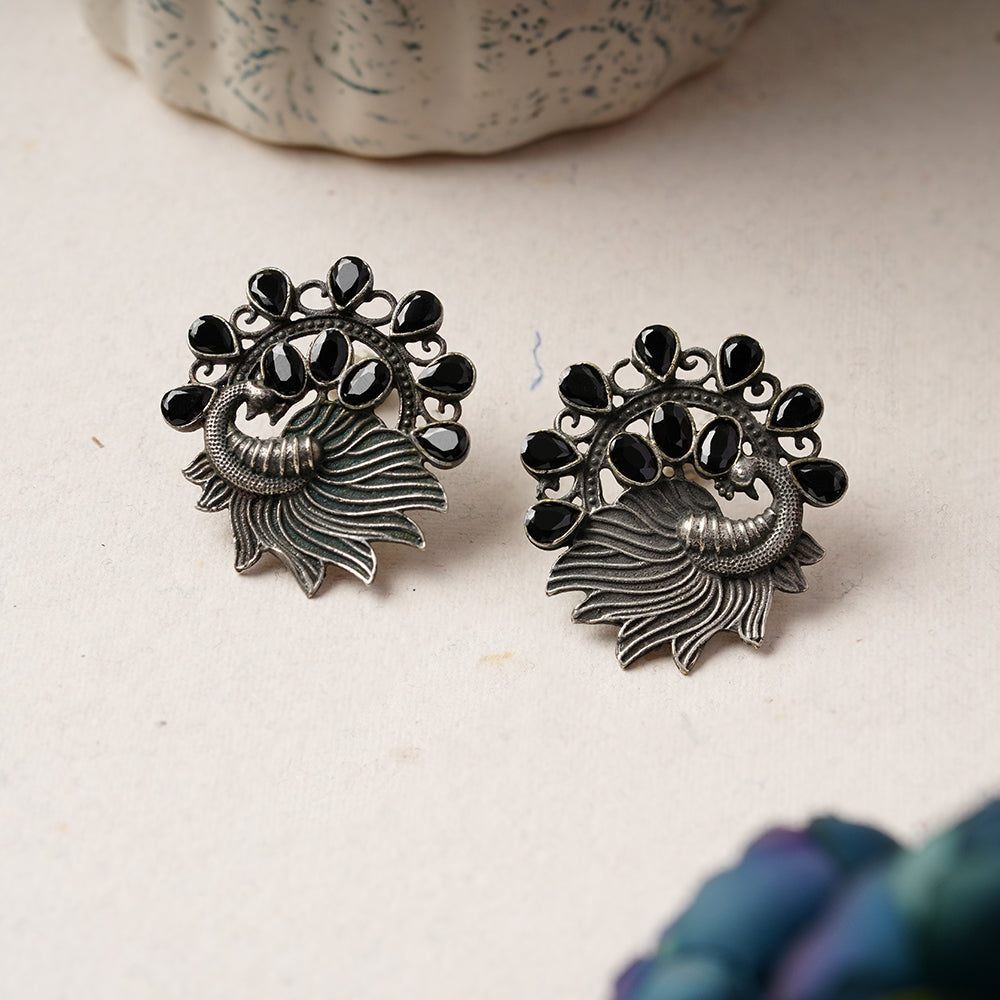 Pankhi- Silver Brass Stone Studded Stud Earrings(Black)