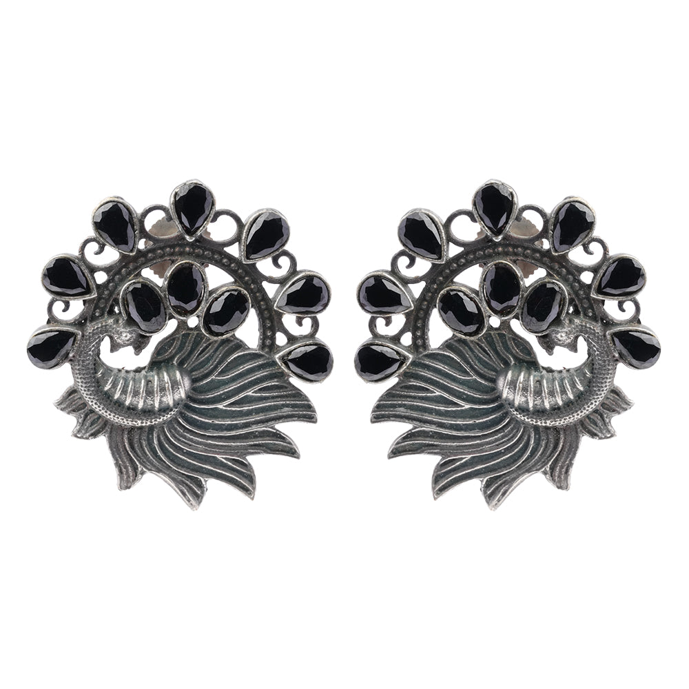Pankhi- Silver Brass Stone Studded Stud Earrings(Black)
