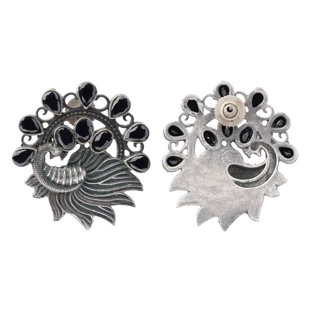 Pankhi- Silver Brass Stone Studded Stud Earrings(Black)