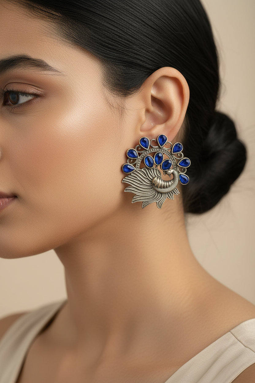 Pankhi- Silver Brass Stone-Studded Stud Earrings(Blue)