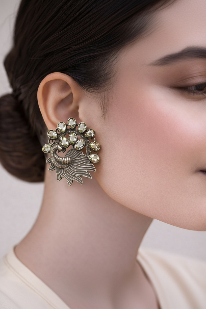 Pankhi- Silver Brass Stone-Studded Stud Earrings(White)