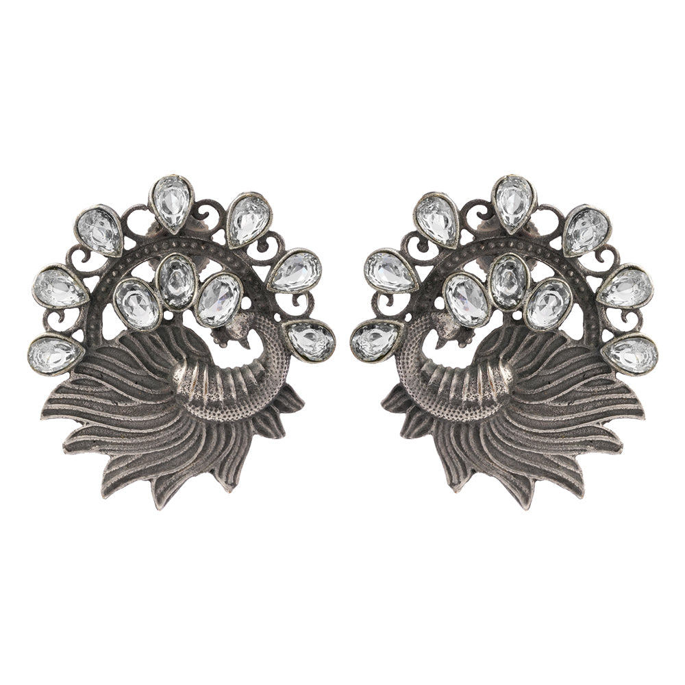 Pankhi- Silver Brass Stone Studded Stud Earrings(White)