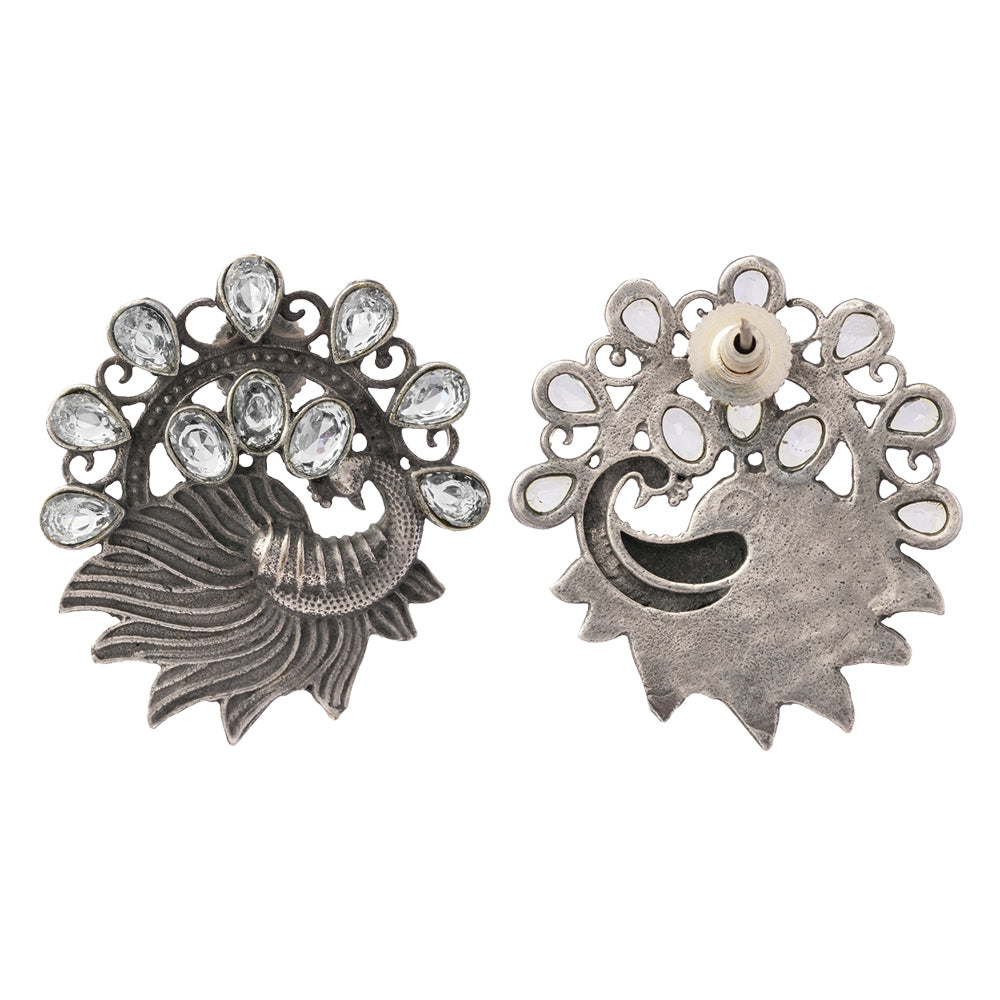 Pankhi- Silver Brass Stone Studded Stud Earrings(White)
