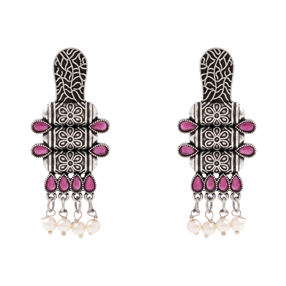 ManiStambh- Silver Brass Oxidised dangler earrings(Red)