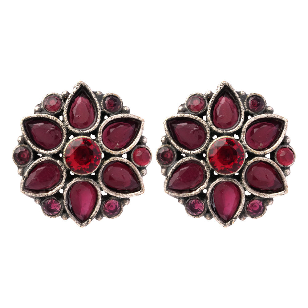Kusuma- Silver oxidised stone studded stud earrings