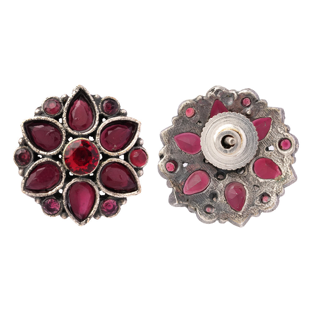 Kusuma- Silver oxidised stone studded stud earrings