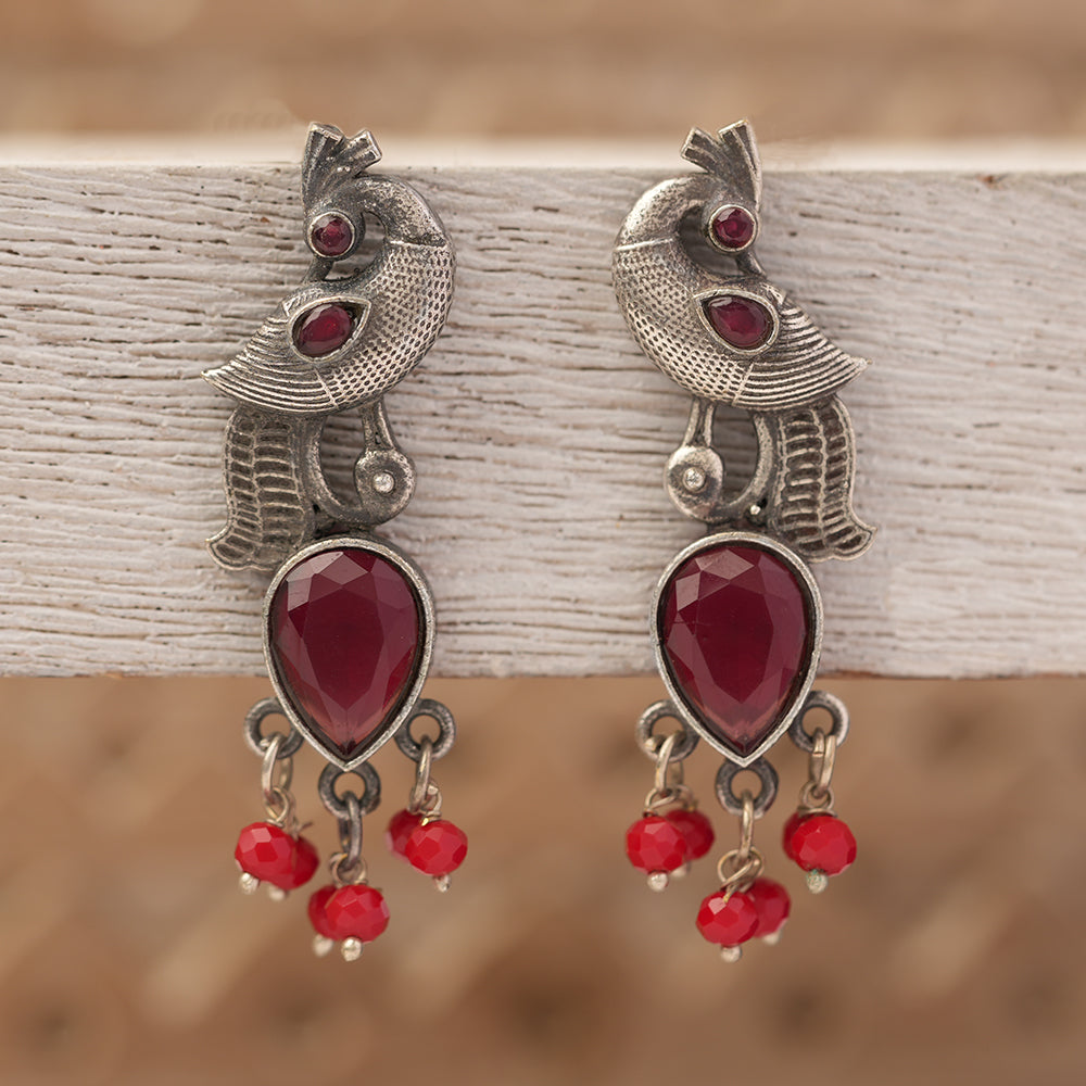 Morisha- Silver Brass stone studded dangler earrings(Red)