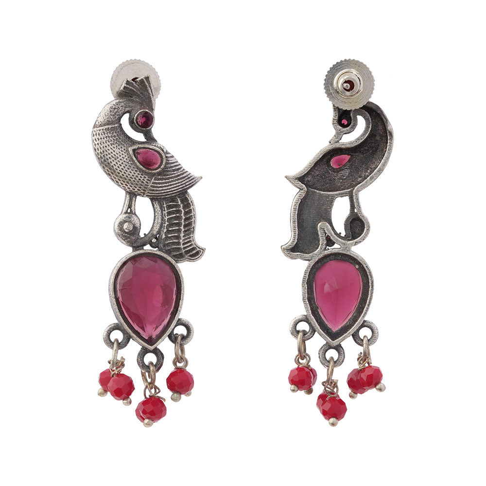 Morisha- Silver Brass stone studded dangler earrings(Red)