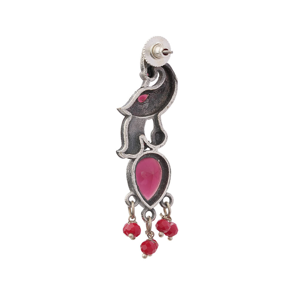 Morisha- Silver Brass stone studded dangler earrings(Red)