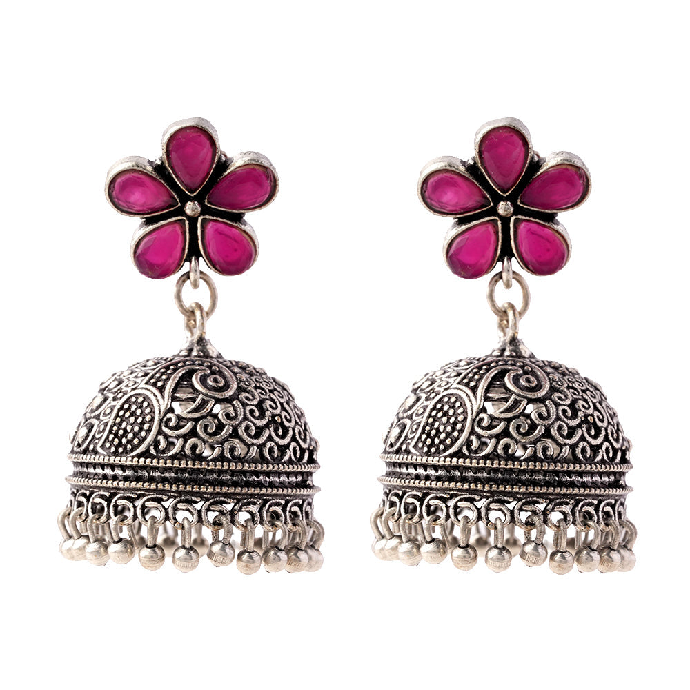 Champika- Silver Brass Stone Studded Jhumka Earrings(Red)
