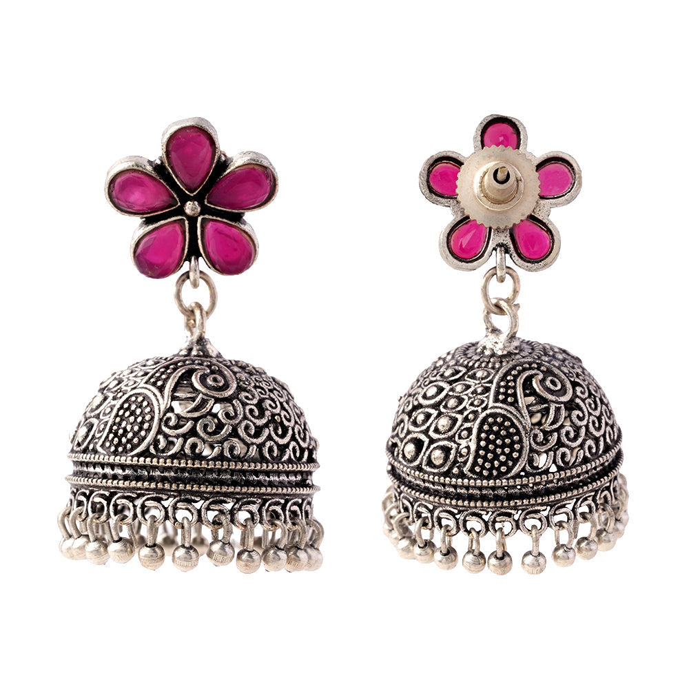 Champika- Silver Brass Stone Studded Jhumka Earrings(Red)