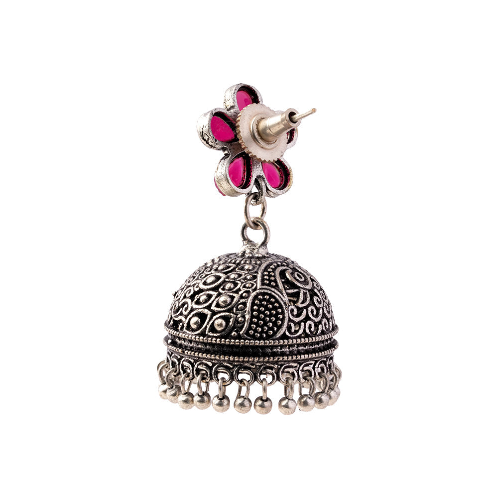 Champika- Silver Brass Stone Studded Jhumka Earrings(Red)