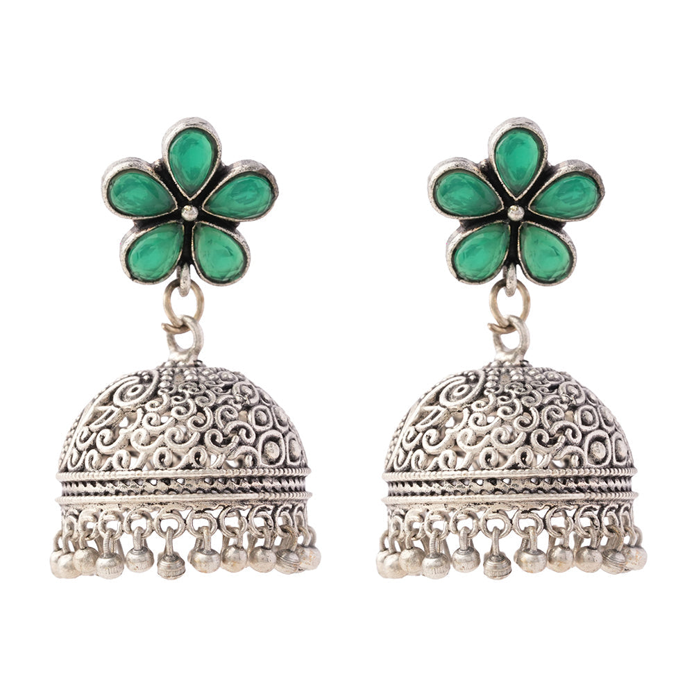 Champika- Silver Brass Stone Studded Jhumka Earrings(Green)