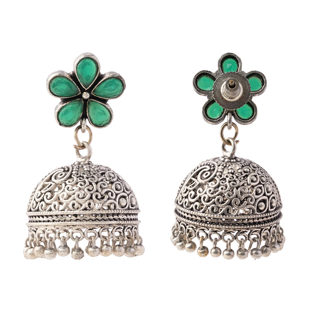 Champika- Silver Brass Stone Studded Jhumka Earrings(Green)
