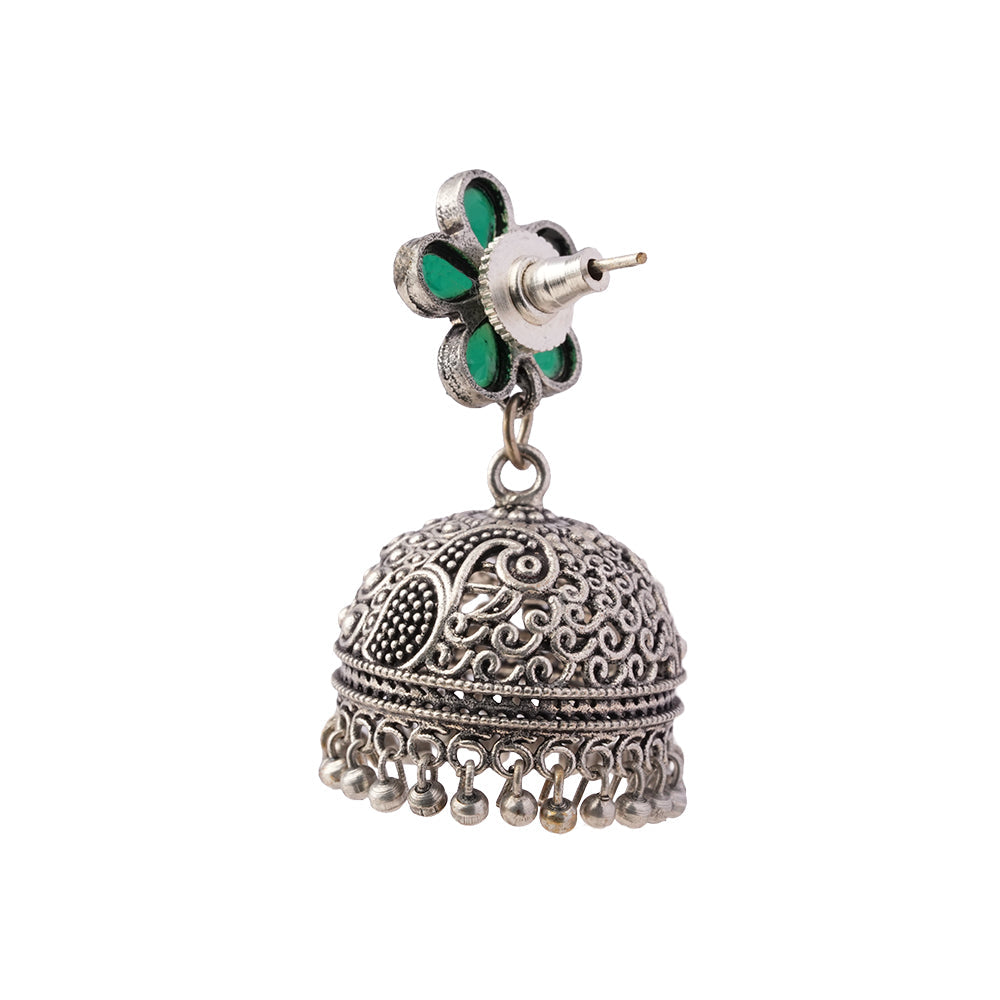 Champika- Silver Brass Stone Studded Jhumka Earrings(Green)