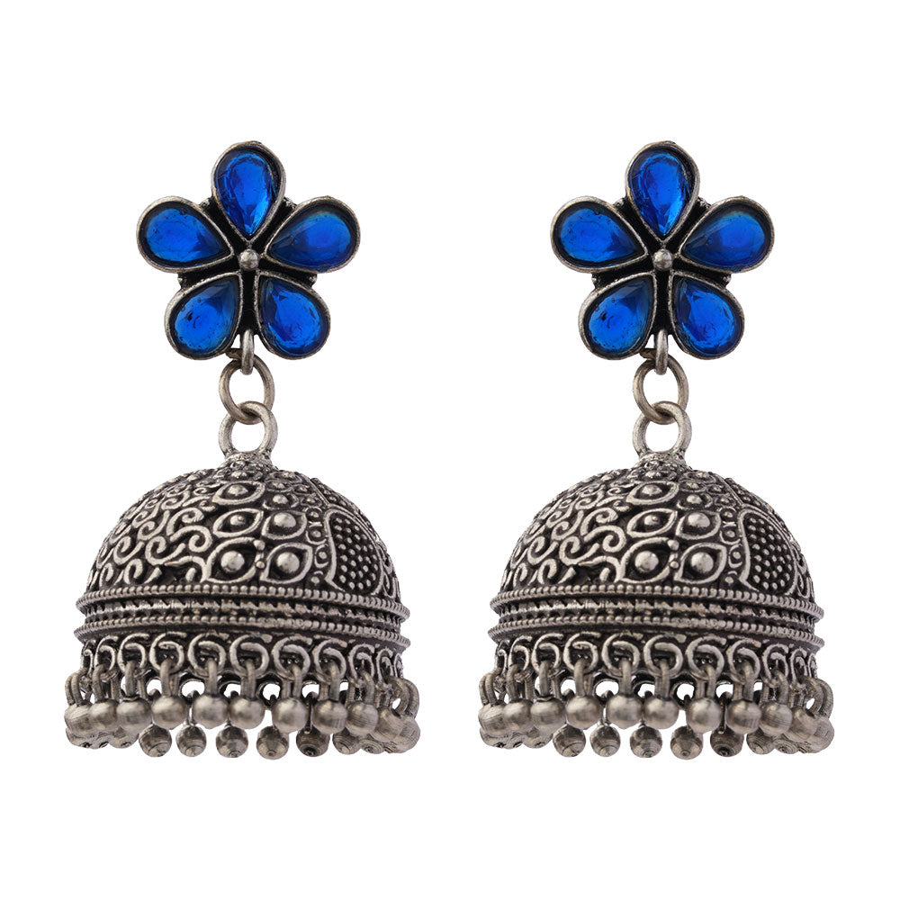 Champika- Silver Brass Stone Studded Jhumka Earrings(Blue)