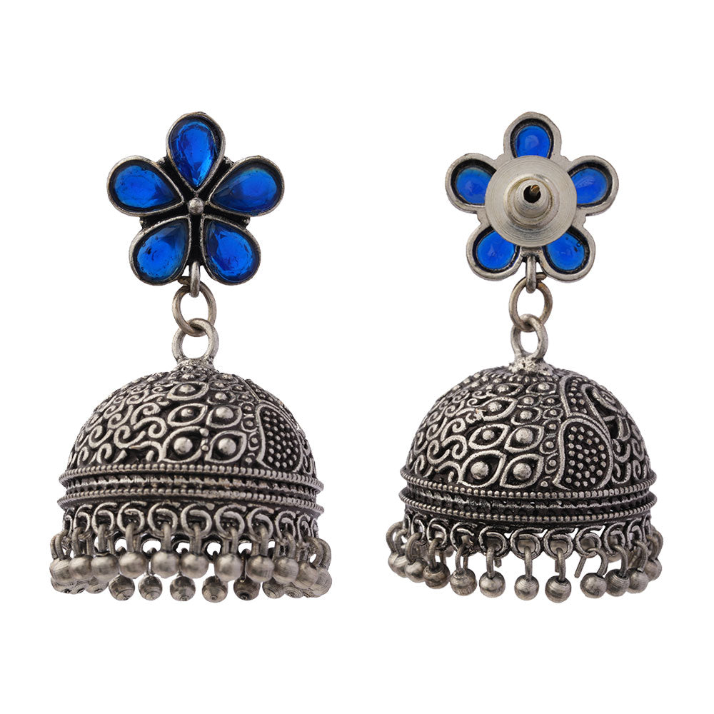 Champika- Silver Brass Stone Studded Jhumka Earrings(Blue)