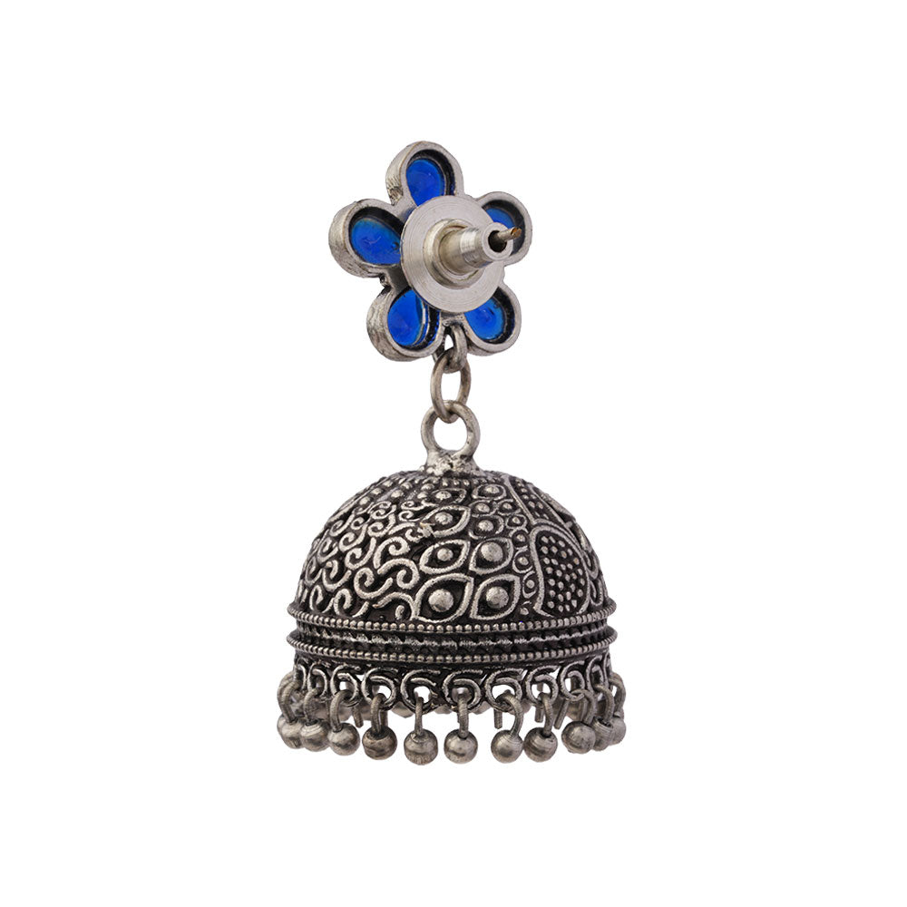 Champika- Silver Brass Stone Studded Jhumka Earrings(Blue)