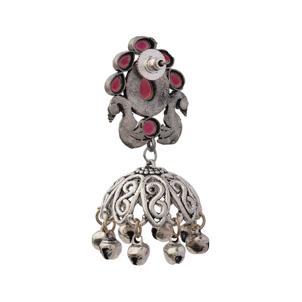 Kusumeyura- Silver Brass Stone Studded Jhumka Earrings(Red)