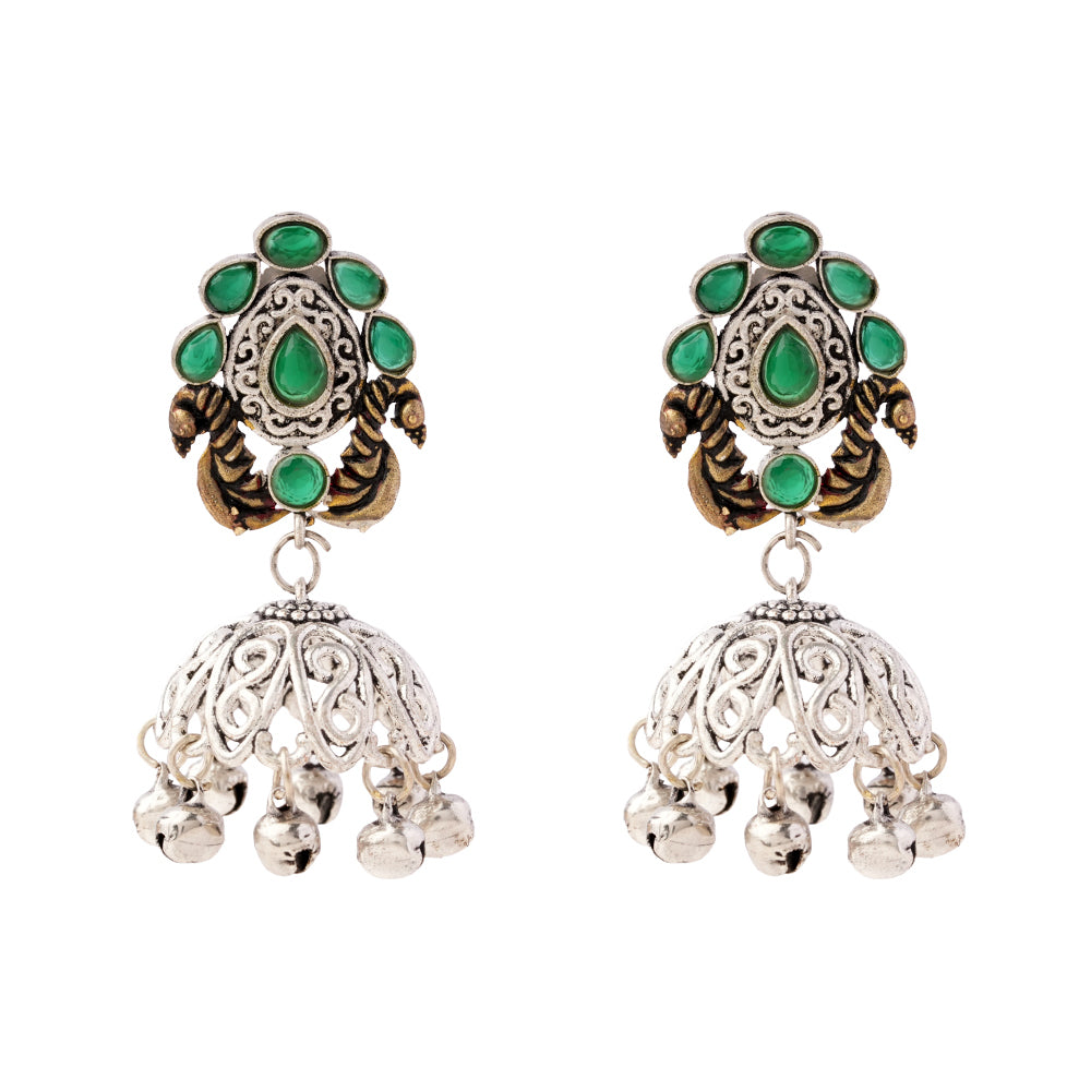 Kusumeyura- Silver Brass Stone Studded Jhumka Earrings(Green)