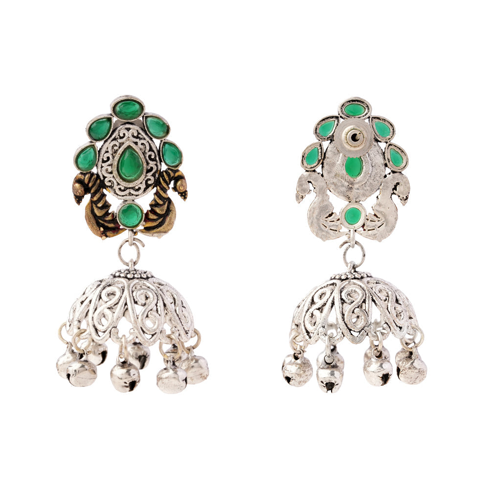 Kusumeyura- Silver Brass Stone Studded Jhumka Earrings(Green)