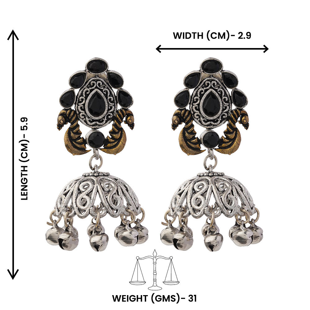 Kusumeyura- Silver Brass Stone-Studded Jhumka Earrings(Black)
