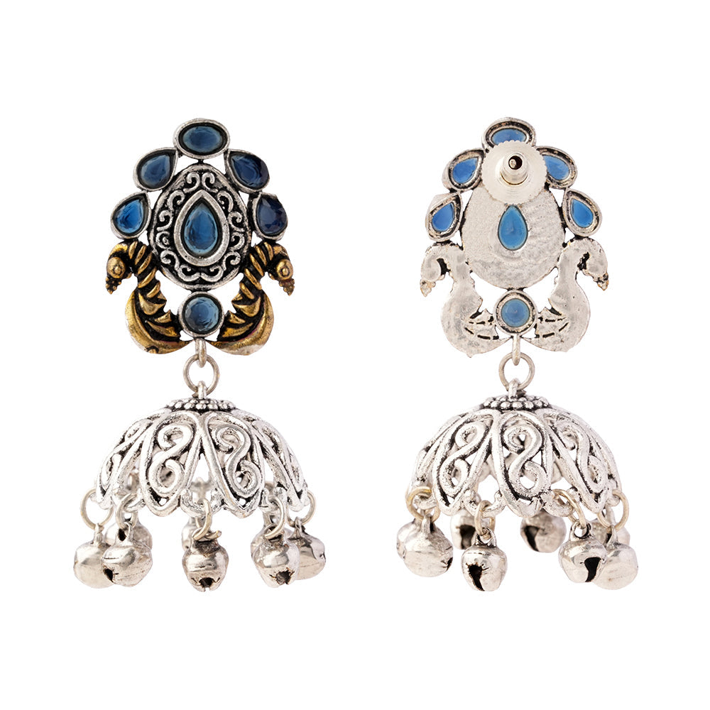 Kusumeyura- Silver Brass Stone Studded Jhumka Earrings(Blue)