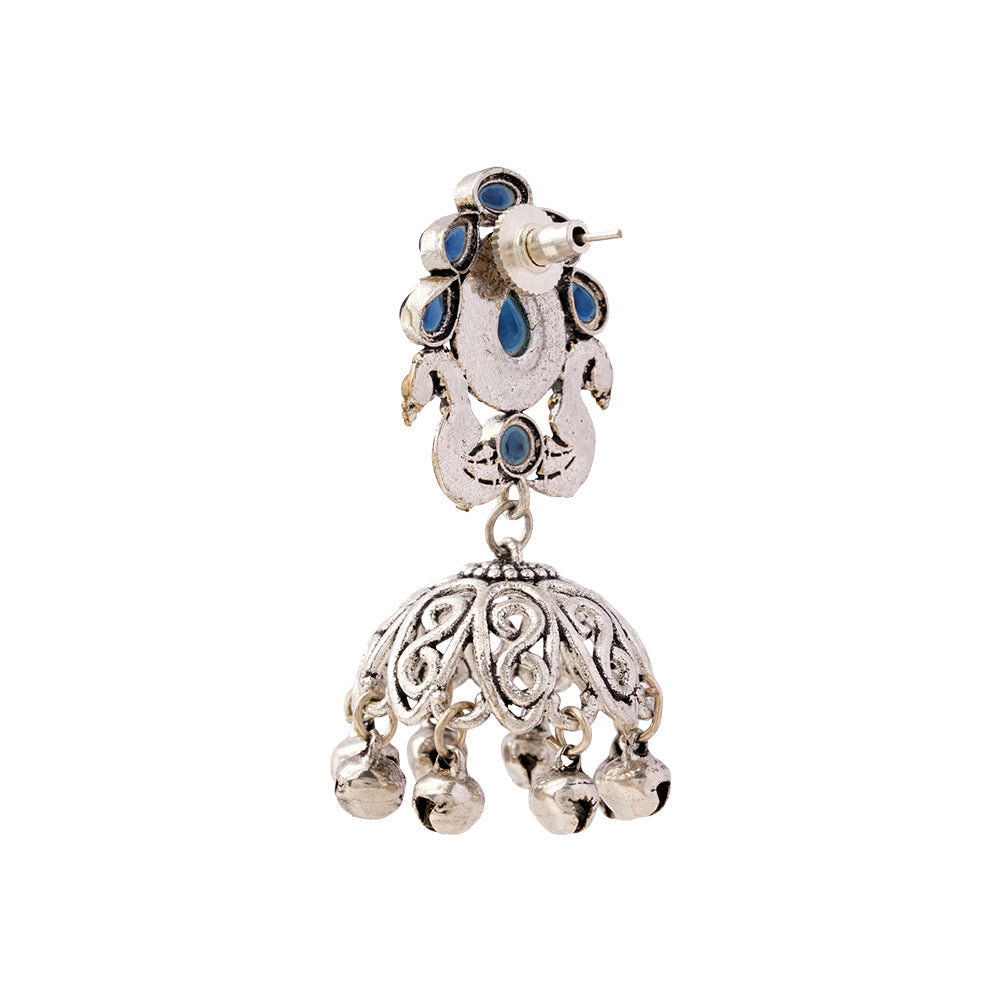 Kusumeyura- Silver Brass Stone Studded Jhumka Earrings(Blue)