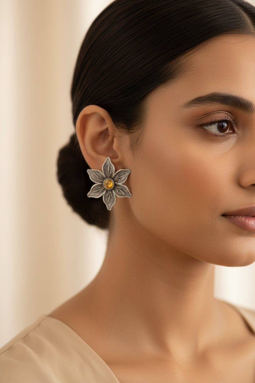 Juhi- Silver Brass Stone-Studded Stud Earrings(Yellow)