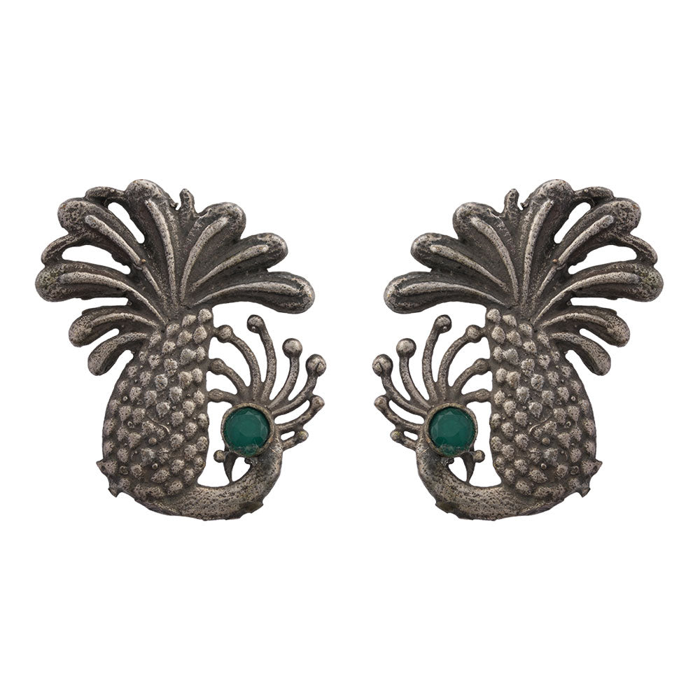 Ananasika- Silver Brass Stone Studded Stud Earrings(Black)