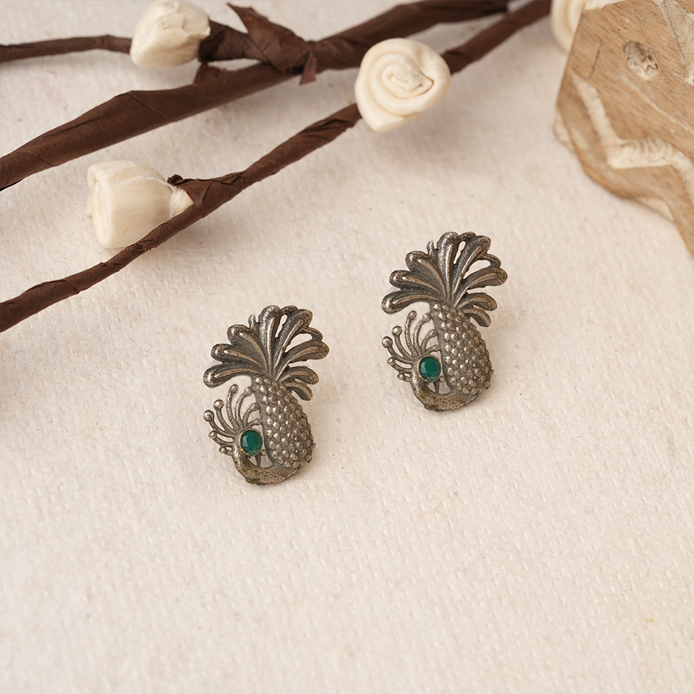 Ananasika- Silver Brass Stone Studded Stud Earrings(Black)