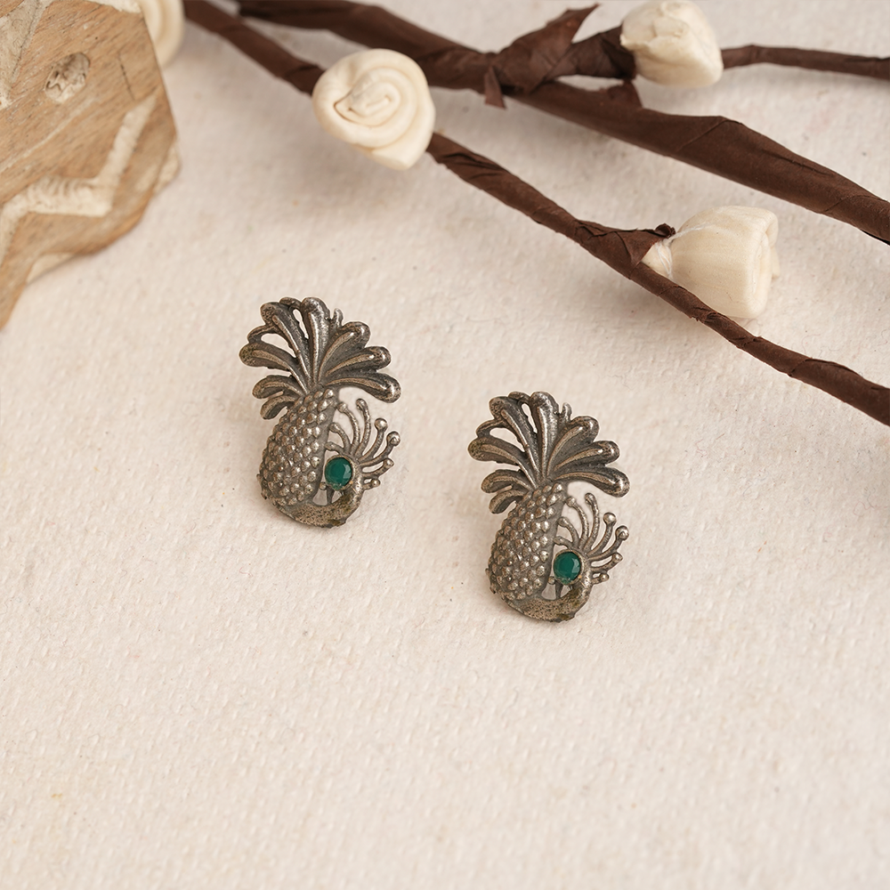 Ananasika- Silver Brass Stone-Studded Stud Earrings(Green)