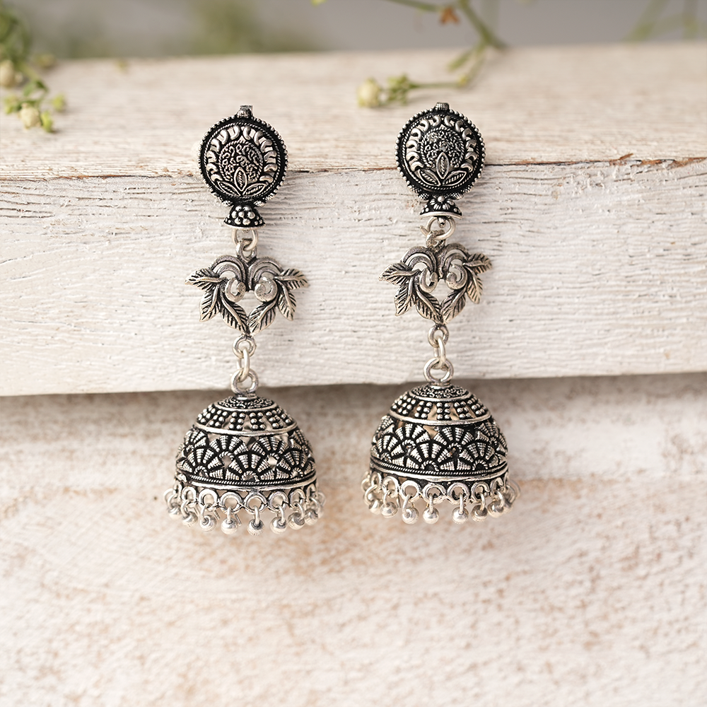Pallavi- Silver Brass Oxidised Jhumka Earrings