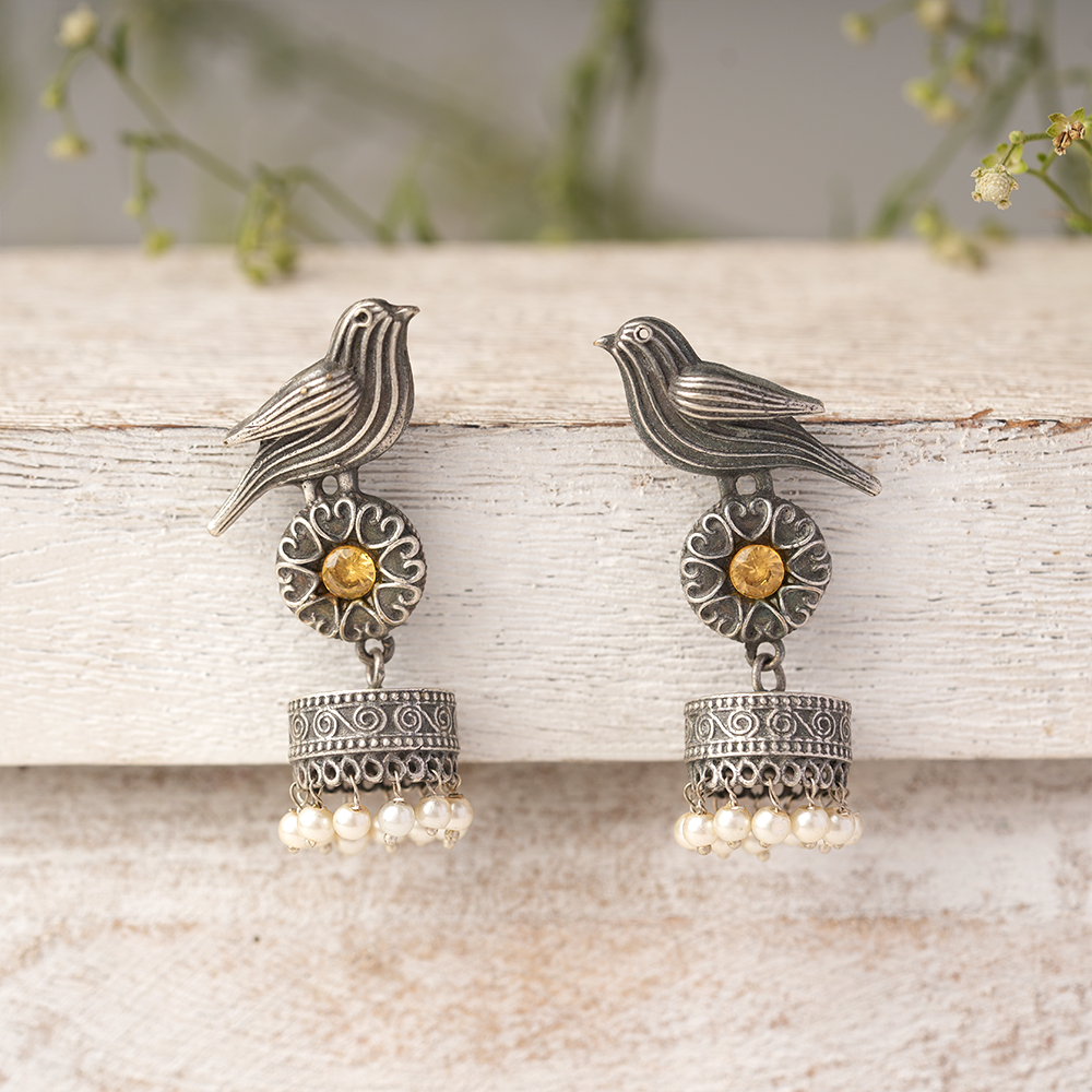 Chakori- Silver Brass Oxidised Jhumka Earrings(Yellow)