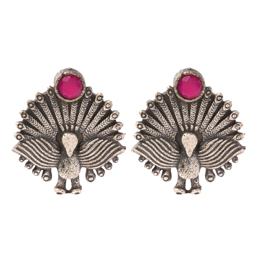 Pakshi- Silver oxidised stone studded stud earrings