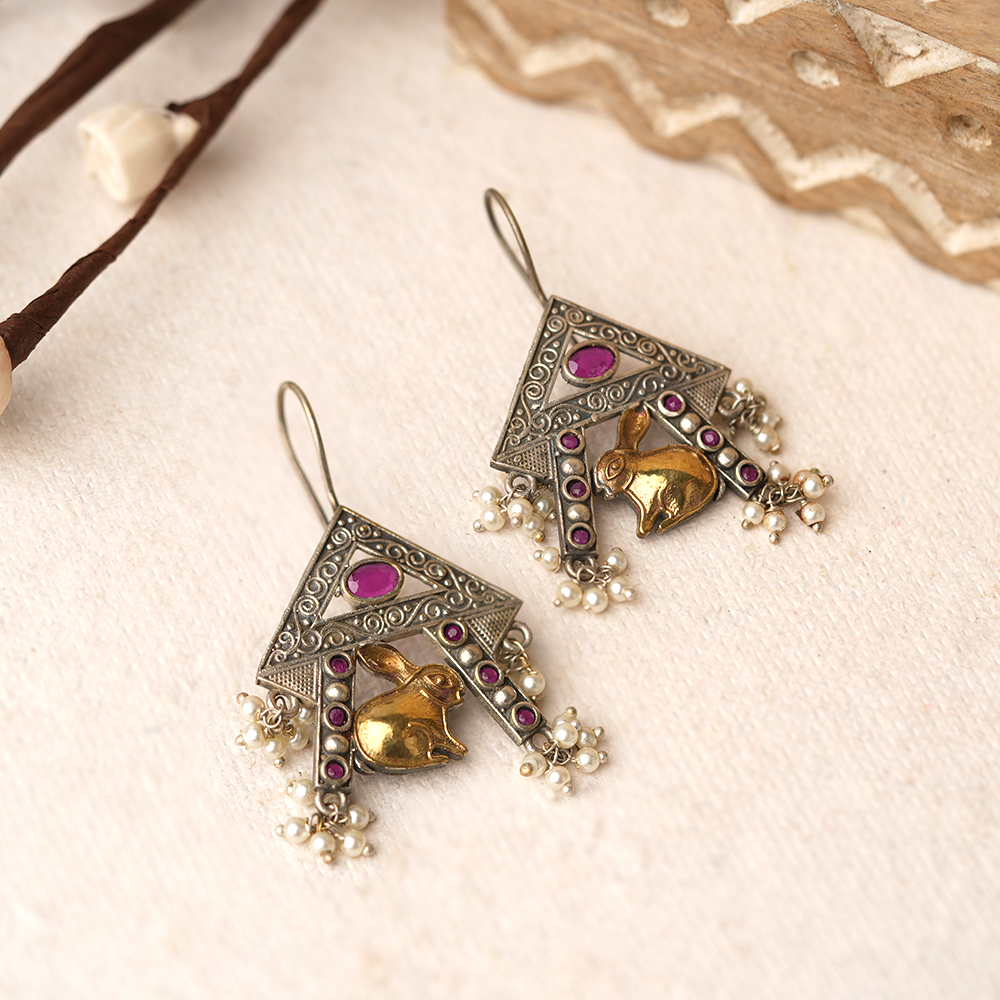 Anugunj- Silver Brass oxidised dangler earrings