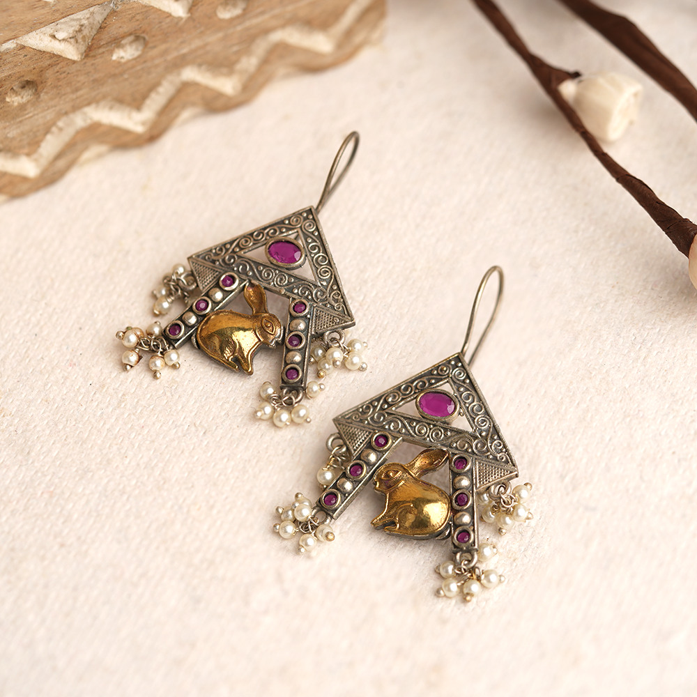 Anugunj- Silver Brass oxidised dangler earrings