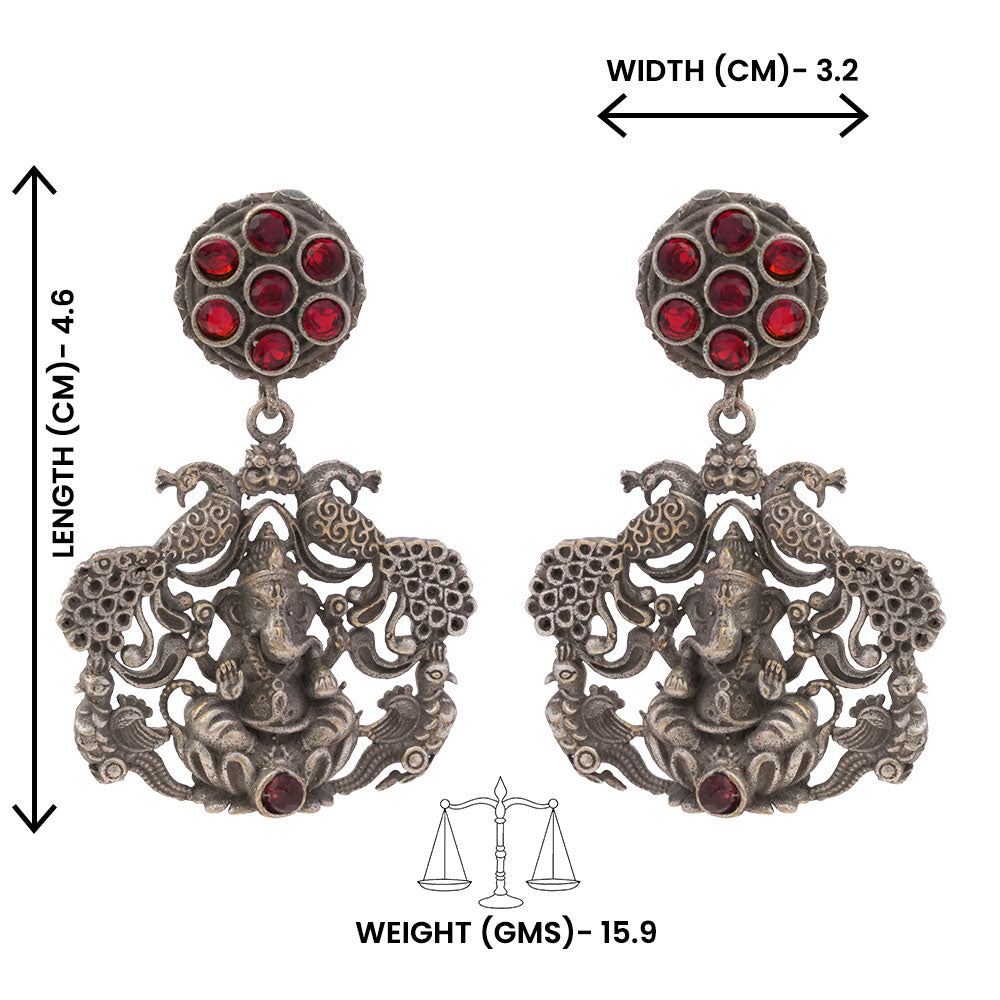 Gajanana- Silver Brass Oxidised dangler earrings(Red)