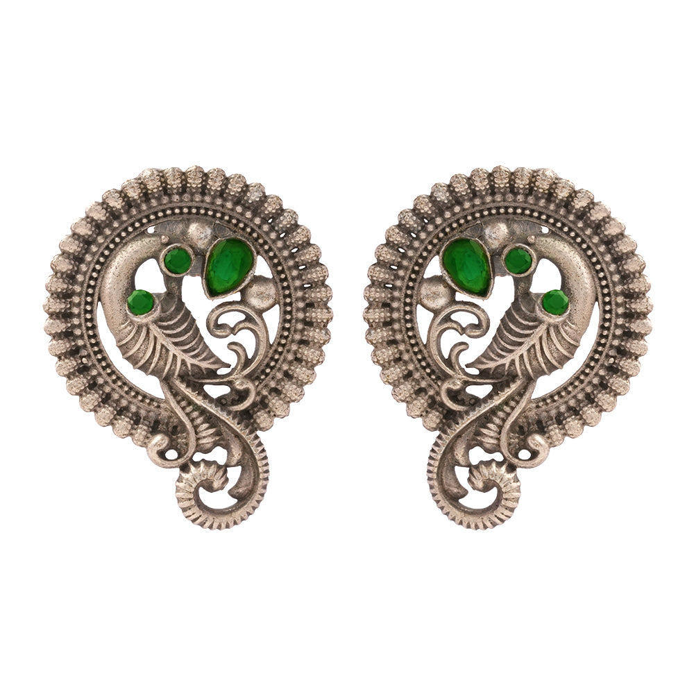 MorRatna- Silver Brass Stone Studded Stud Earrings(Green)
