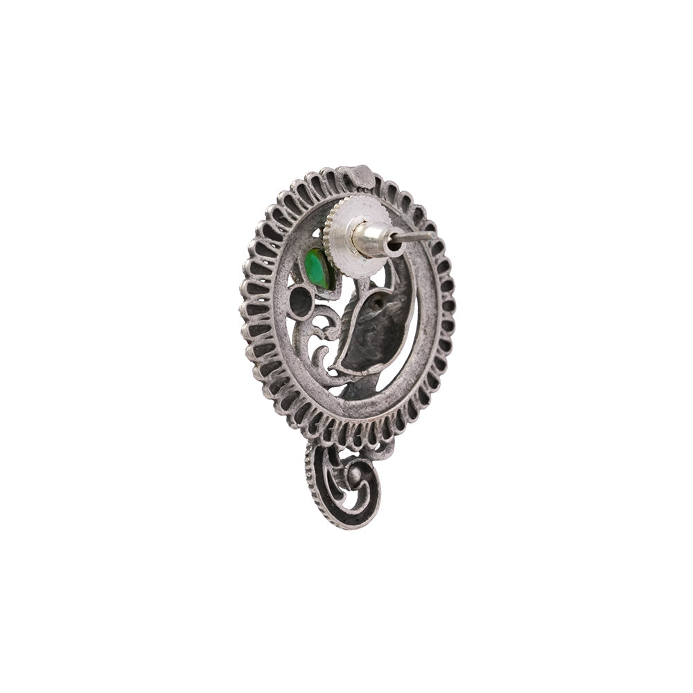 MorRatna- Silver Brass Stone Studded Stud Earrings(Green)