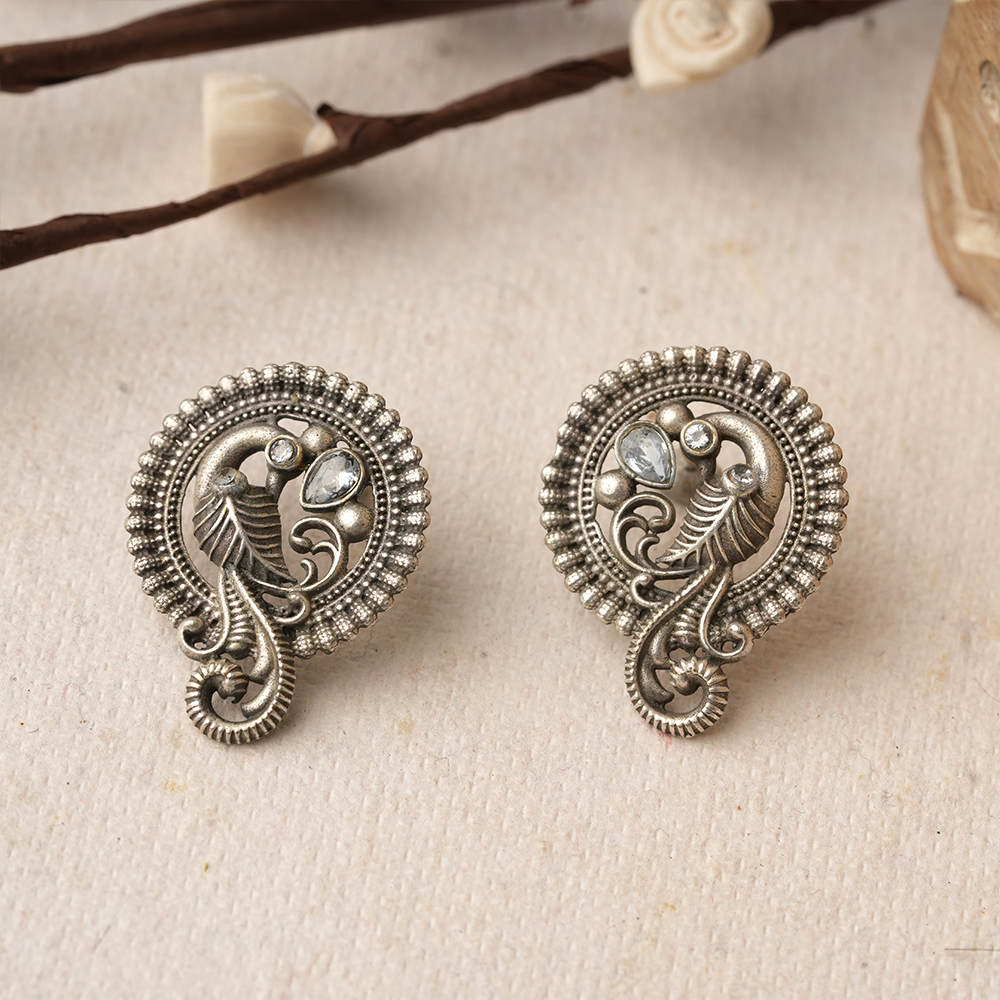 MorRatna- Silver Brass Stone Studded Stud Earrings(White)