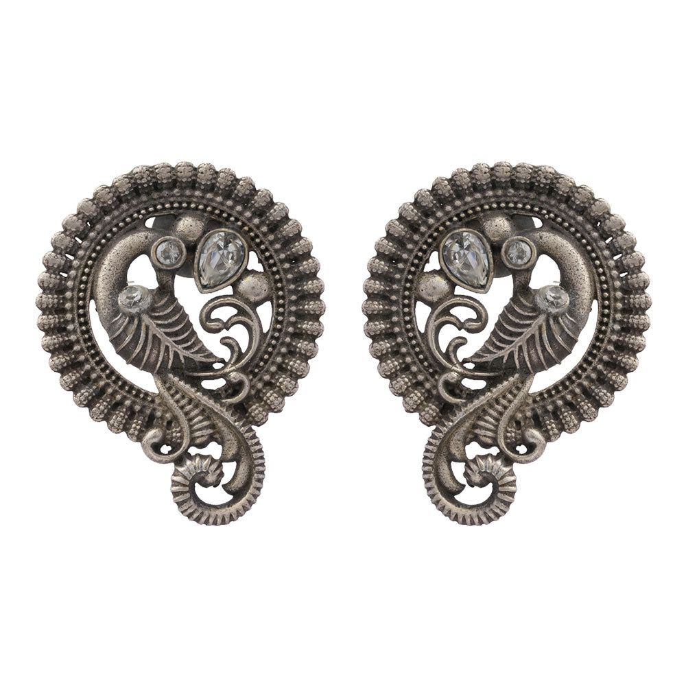 MorRatna- Silver Brass Stone Studded Stud Earrings(White)