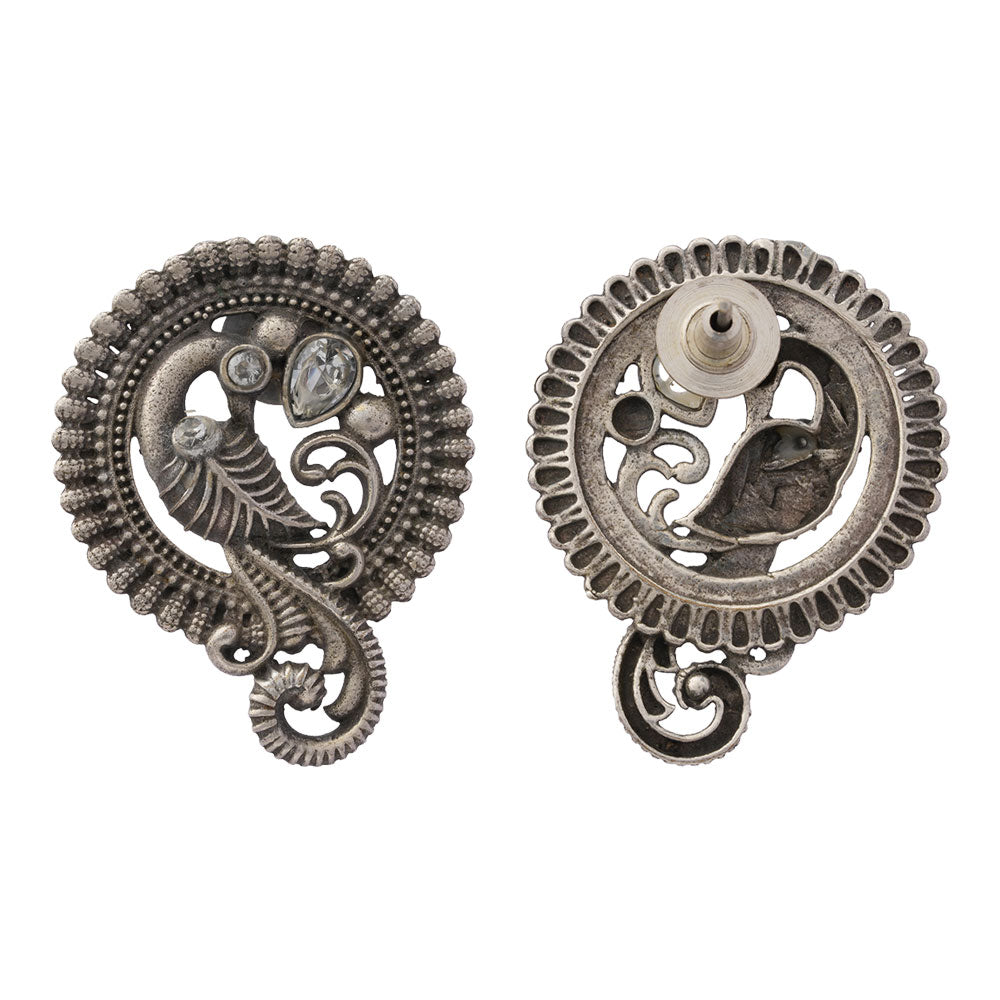 MorRatna- Silver Brass Stone Studded Stud Earrings(White)