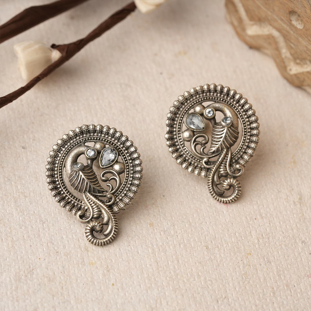 MorRatna- Silver Brass Stone Studded Stud Earrings(White)