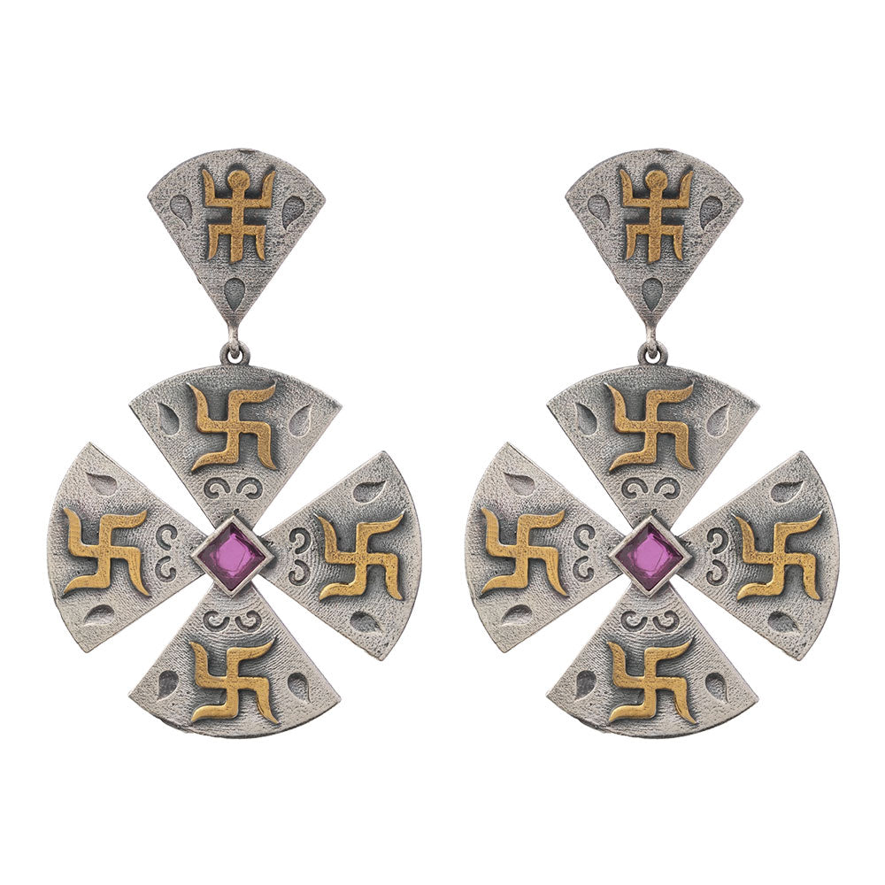 Swastik- Silver Brass Stone studded dangler earrings