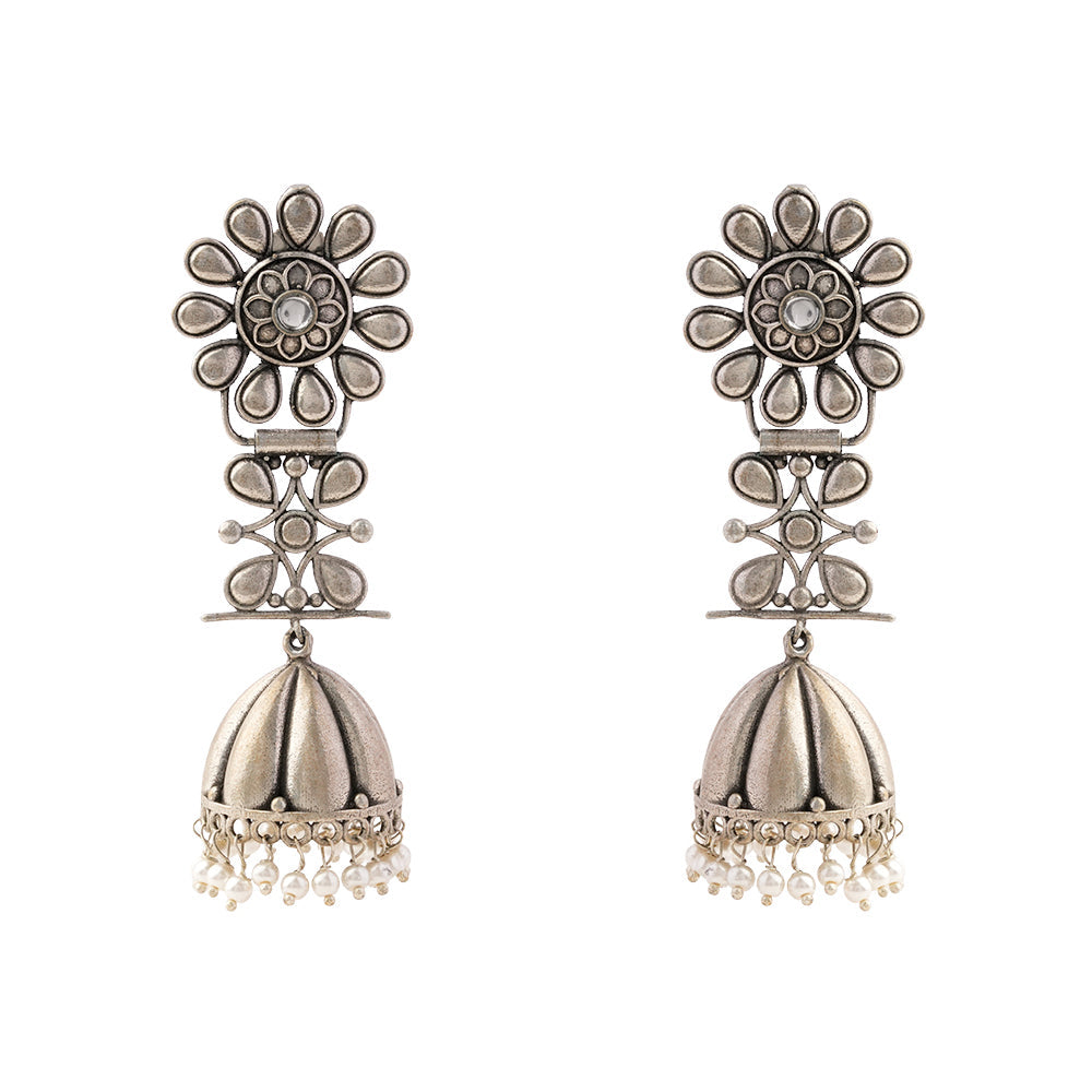 RajRatna- Silver Brass Oxidised Jhumka earrings