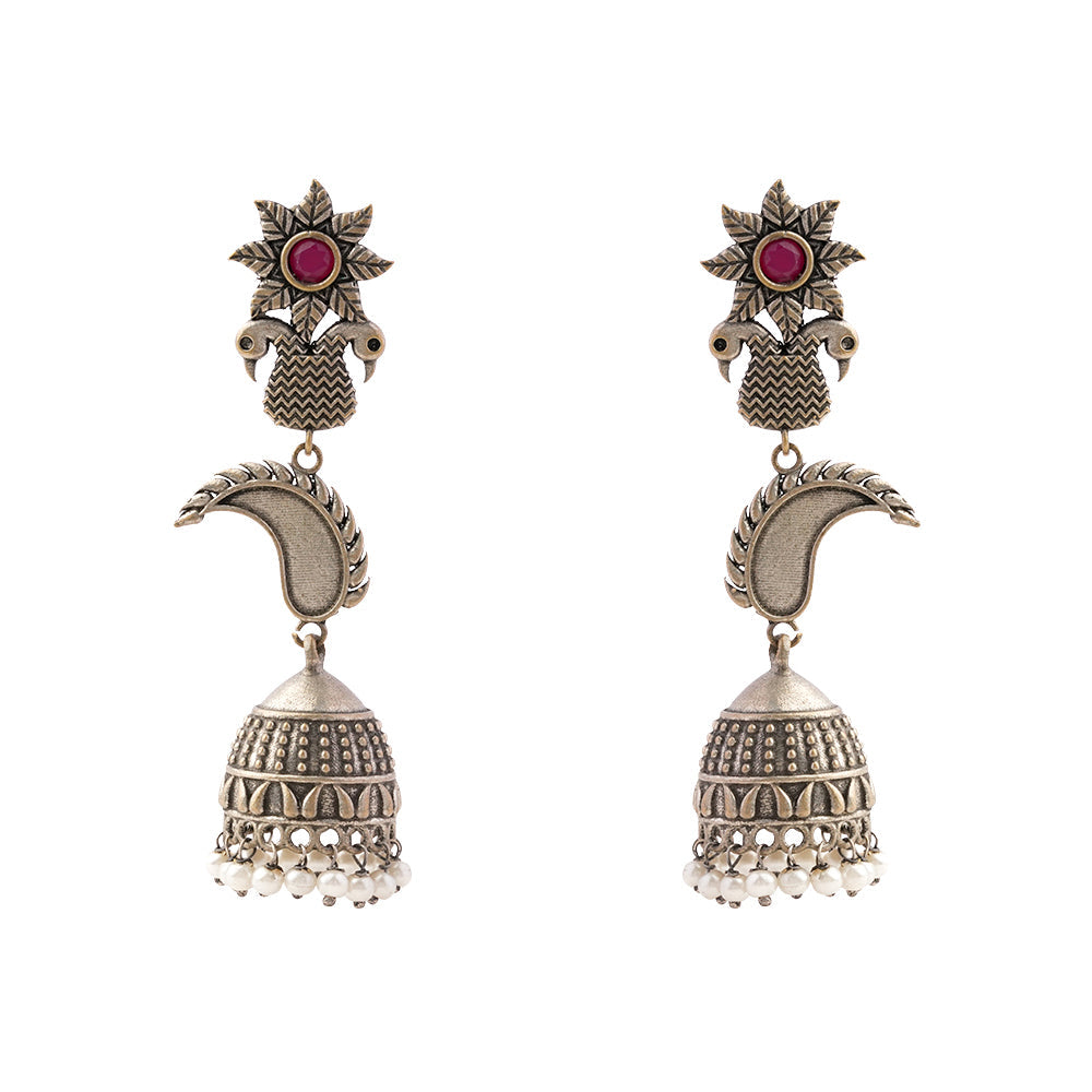 MorPushp- Silver Brass Oxidised Jhumka earrings