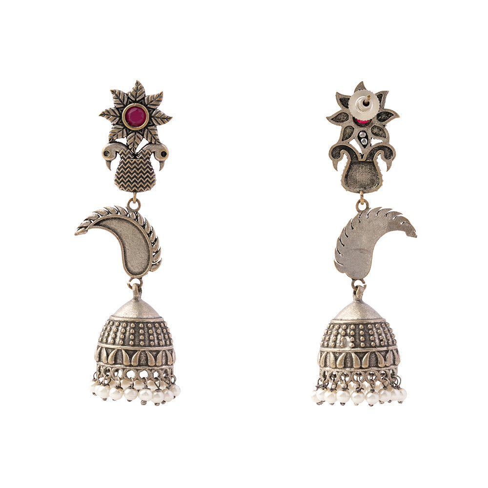 MorPushp- Silver Brass Oxidised Jhumka earrings