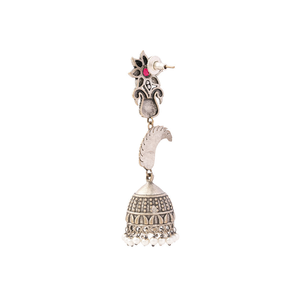 MorPushp- Silver Brass Oxidised Jhumka earrings