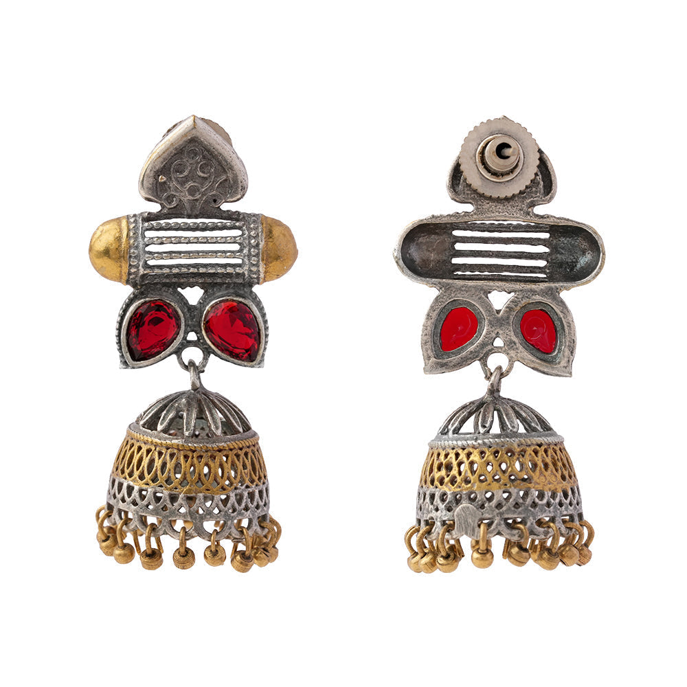 Taal- Silver Brass Oxidised jhumka earrings(Red)